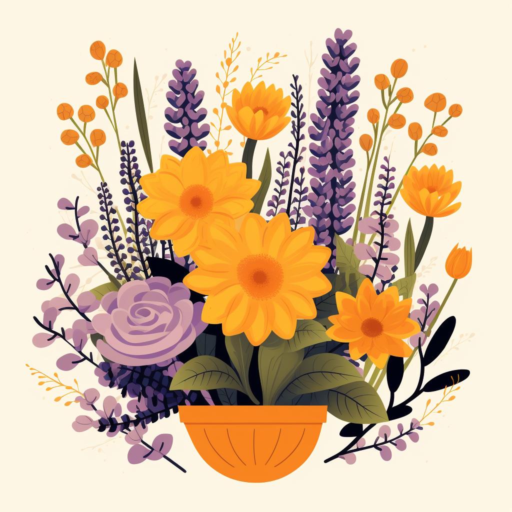 Succulent plants surrounded by marigolds and lavender